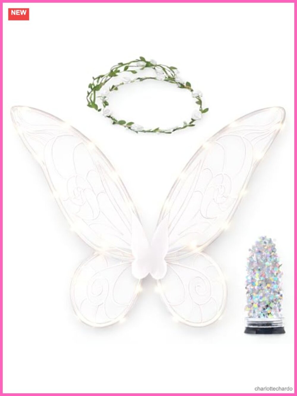 Light Up Fairy Wings Flower Crown Glitter Costume Accessory Set
